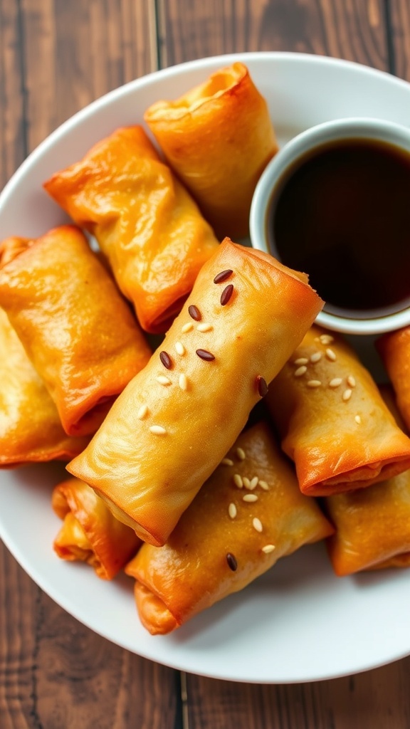 Crispy Homemade Pork Egg Rolls in Air Fryer Crispy pork egg rolls on a plate with soy sauce for dipping.